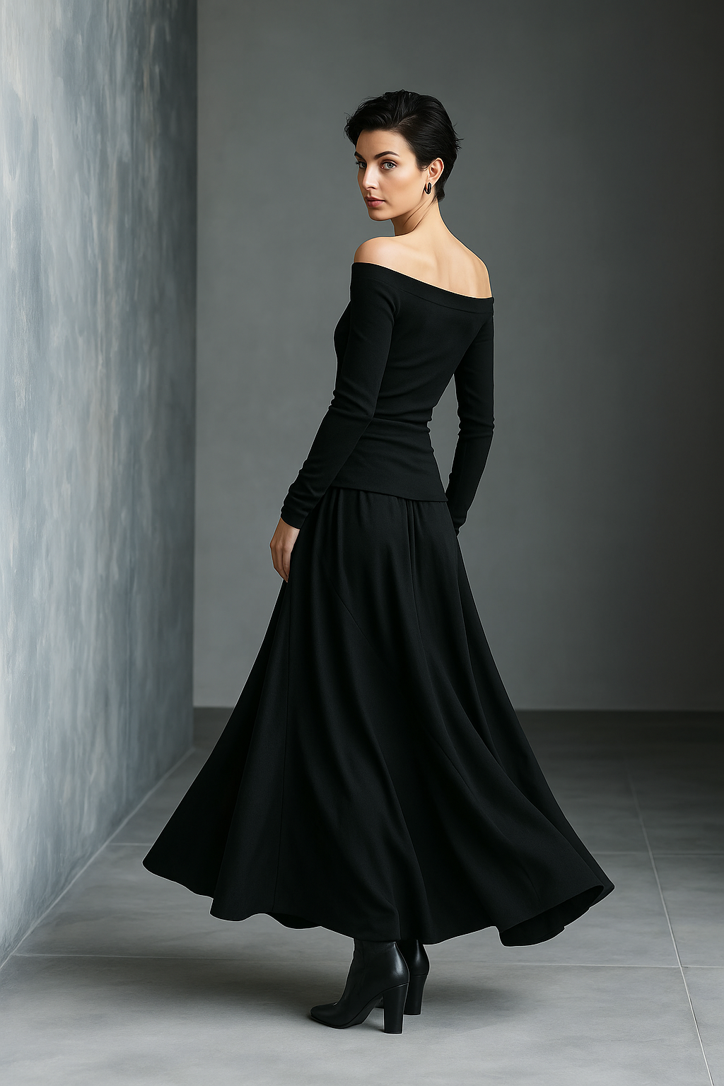 Women's Black Knit Off-Shoulder Fitted Top And Woven Fabric Skirt Set MDA1430K2T
