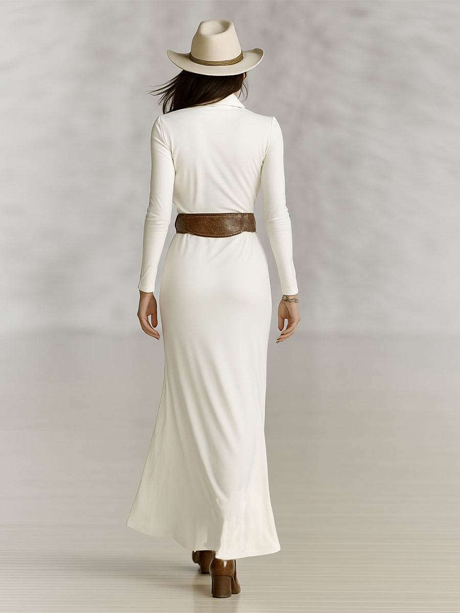 Women's Lapel Long Sleeve Waist-tightening Maxi Dress (without Belt)MDA2480G9Y