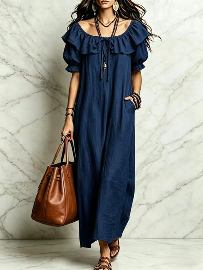 Women's Ruffle OFF Shoulder Loose Cotton-Linen Maxi Dress