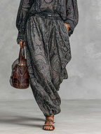 Women's Vintage Paisley Print Stand-up Collar Long Sleeve Shirt Trousers Two-piece Set MDA2558G3Y
