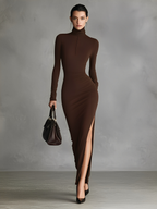 Women's Brown Stretch Fabric Chic Turtleneck Bodycon Slit Dress MDA1311K1I
