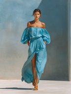 Women’s Sky Blue Off-the-Shoulder Puff Sleeve Smocked Waist High Slit Maxi Dress With Pockets MDZ2191D7T