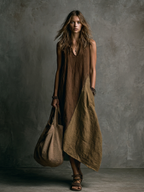 Women's Casual Brown And Khaki Cotton-Linen Patchwork V-Neck Sleeveless Asymmetrical Long Dress MDZ2290D1GMJ