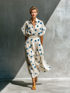 Women’s Off-White Linen-Blend Polka Dot Shirt Dress With Waist Cincher & Pockets MDZ2481D3T