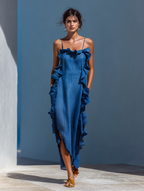 Women’s Blue Linen-Blend Spaghetti Strap Ruffle Trim Maxi Dress With Slit MDZ2407D1T