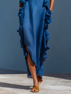 Women’s Blue Linen-Blend Spaghetti Strap Ruffle Trim Maxi Dress With Slit MDZ2407D1T