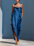 Women’s Blue Linen-Blend Spaghetti Strap Ruffle Trim Maxi Dress With Slit MDZ2407D1T
