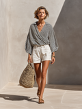 Women’s Black & White Striped Wrap Blouse & White High-Waisted Shorts Two-Piece Set MDZ2724D6T