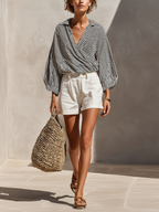 Women’s Black & White Striped Wrap Blouse & White High-Waisted Shorts Two-Piece Set MDZ2724D6T