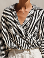 Women’s Black & White Striped Wrap Blouse & White High-Waisted Shorts Two-Piece Set MDZ2724D6T