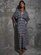 Women's Casual Commuter Style Blue And White Plaid Cotton Belted Front Slit Maxi Shirt Dress MDZ2982D6GMJ