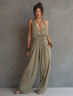 Women's Minimalist Halter-Neck V-Neck Sleeveless Waist-Cinching Jumpsuit MDZ2904D2Y