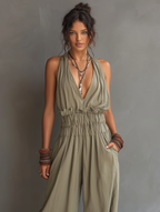 Women's Minimalist Halter-Neck V-Neck Sleeveless Waist-Cinching Jumpsuit MDZ2904D2Y