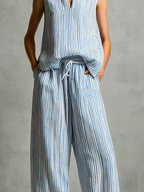 Women's Casual Blue And White Striped Woven Sleeveless V-Neck Top With Trousers MDZ2940D8LXY