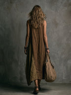 Women's Casual Brown And Khaki Cotton-Linen Patchwork V-Neck Sleeveless Asymmetrical Long Dress MDZ2290D1GMJ
