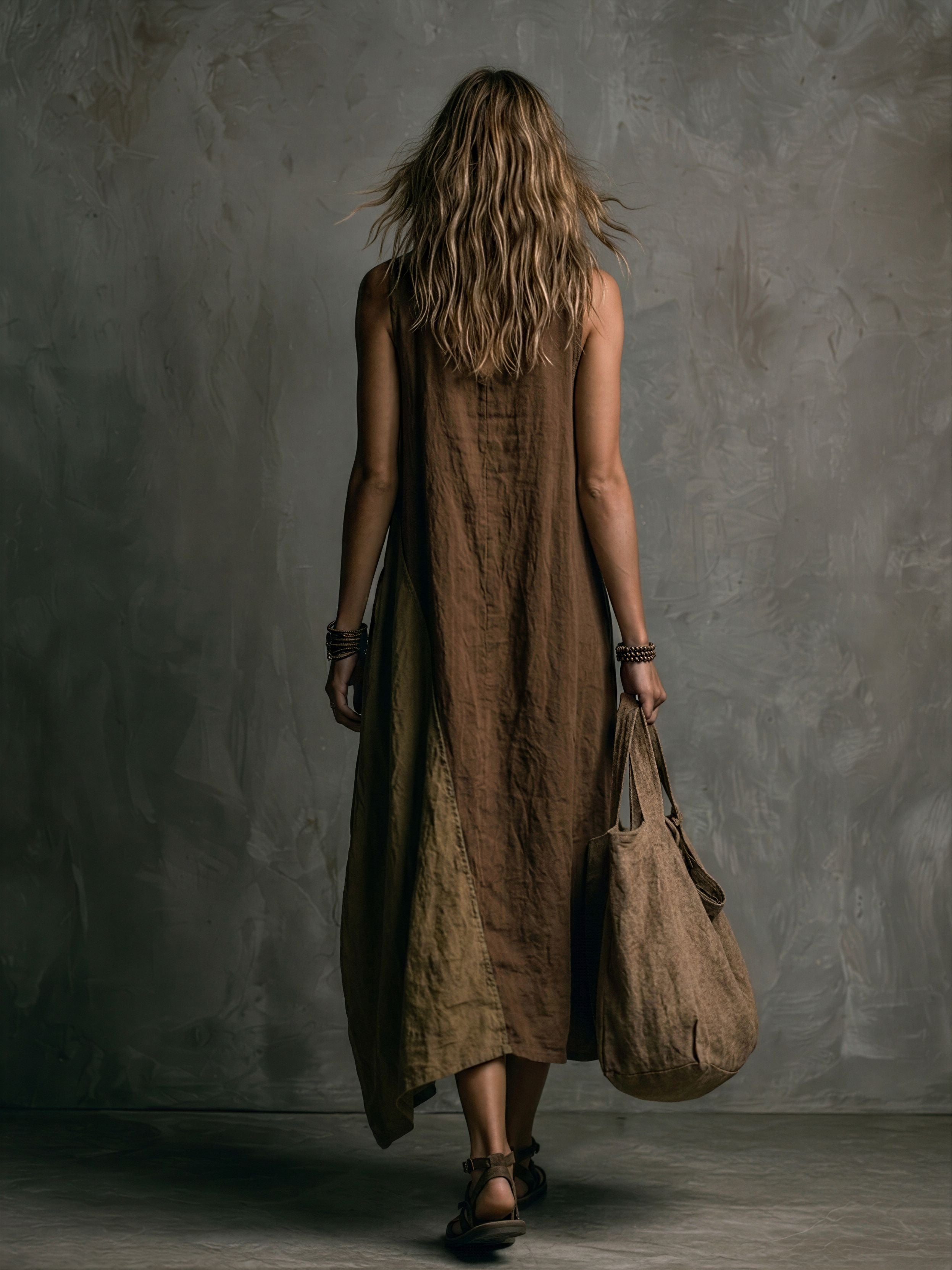 Women's Casual Brown And Khaki Cotton-Linen Patchwork V-Neck Sleeveless Asymmetrical Long Dress MDZ2290D1GMJ