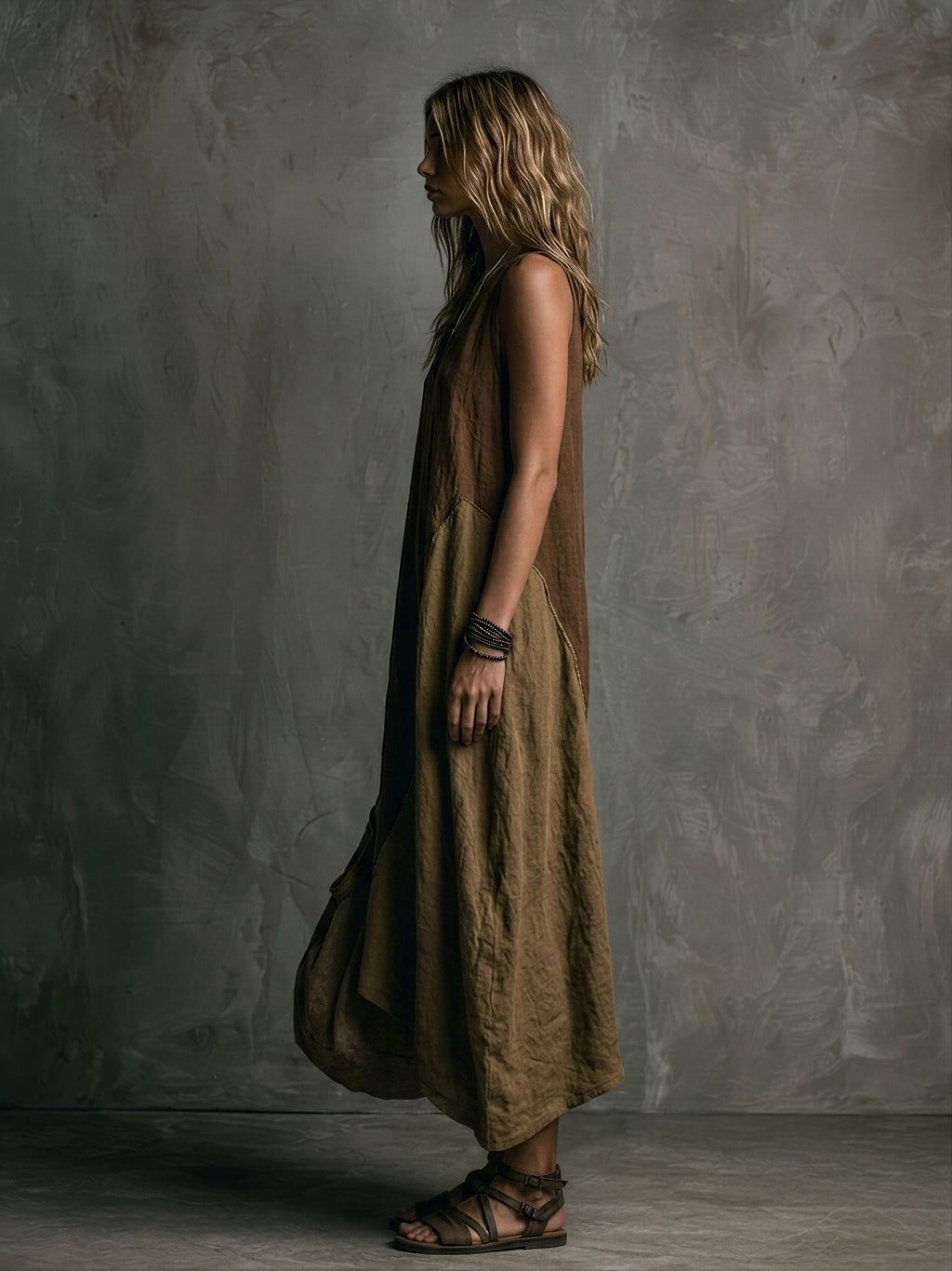 Women's Casual Brown And Khaki Cotton-Linen Patchwork V-Neck Sleeveless Asymmetrical Long Dress MDZ2290D1GMJ