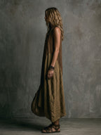 Women's Casual Brown And Khaki Cotton-Linen Patchwork V-Neck Sleeveless Asymmetrical Long Dress MDZ2290D1GMJ