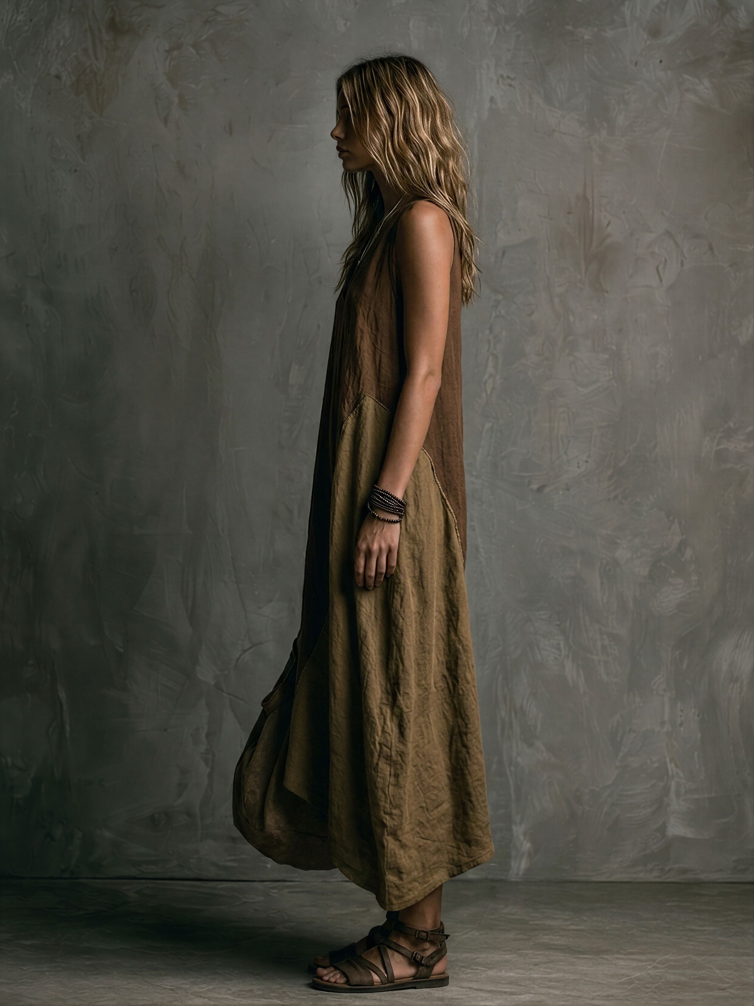 Women's Casual Brown And Khaki Cotton-Linen Patchwork V-Neck Sleeveless Asymmetrical Long Dress MDZ2290D1GMJ