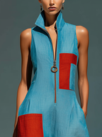 Women’s Blue Linen-Blend Sleeveless Jumpsuit With Red Patch Pockets & Half-Zip Stand Collar MDZ0982E4T