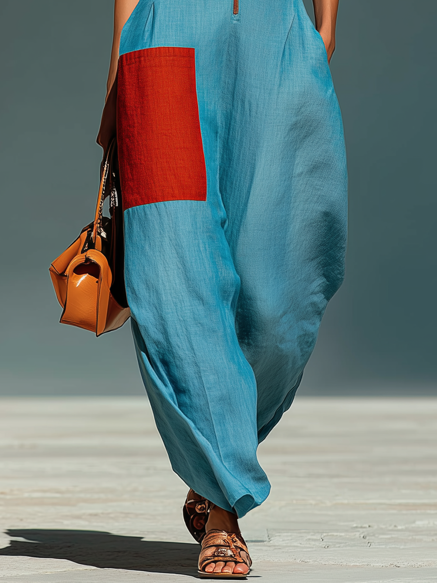 Women’s Blue Linen-Blend Sleeveless Jumpsuit With Red Patch Pockets & Half-Zip Stand Collar MDZ0982E4T