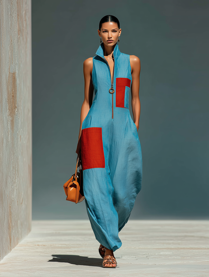 Women’s Blue Linen-Blend Sleeveless Jumpsuit With Red Patch Pockets & Half-Zip Stand Collar MDZ0982E4T