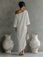 Women's Ivory White Cotton-Linen Blend One-Shoulder Flowing Elegant Dress MDA3032K4T