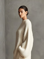 Women's Cream Elegant Faux Mink Knit Asymmetric Slit Midi Dress MDA0245I2I