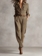 Women's Brown Sophisticated Tweed - Texture Plaid Utility Jumpsuit (without belt) MDA0167I2I
