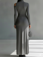Women's Grey Silky Stretch Sophisticated Ruched Detail Cut-Out Maxi Dress MDA0546K6I
