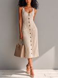 Women's French Vintage Brown And White Striped Cotton Blend Single-breasted Slim-fit Midi Dress MDZ2835D3GMJ