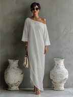 Women's Ivory White Cotton-Linen Blend One-Shoulder Flowing Elegant Dress MDA3032K4T