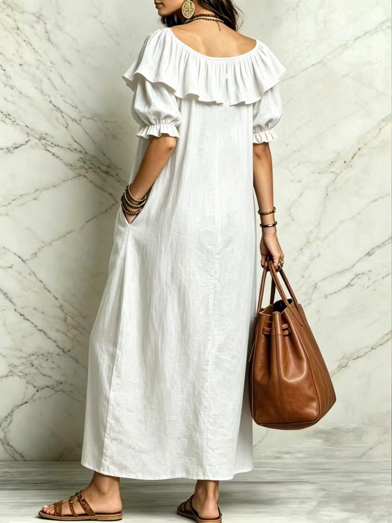 Women's Ruffle OFF Shoulder Loose Cotton-Linen Maxi Dress