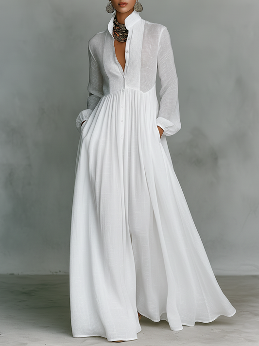 Women's Minimalist Cotton And Linen Patchwork Single-breasted Stand-up Collar Long-sleeved Maxi Dress MDA0658K6Y