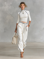 Women's Casual Half-high Collar Long-sleeved T-shirt Straight Pants Two-piece Set MDA2527G5Y