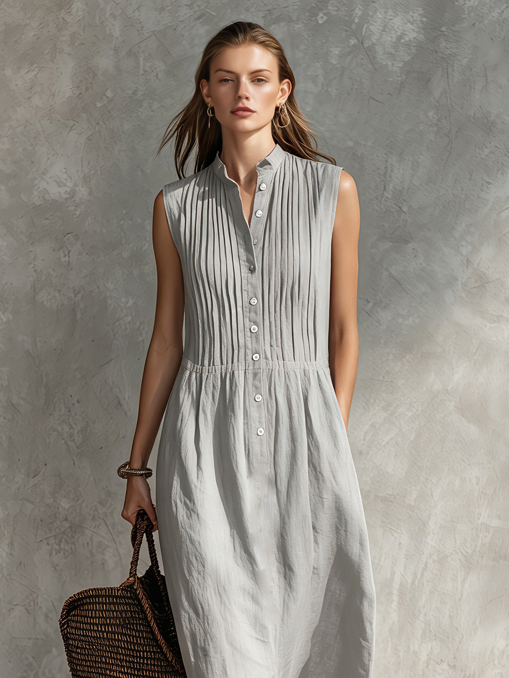 Women's Casual Grey Cotton-Linen Sleeveless Midi Dress With Round Neck MDZ2549D5LXY
