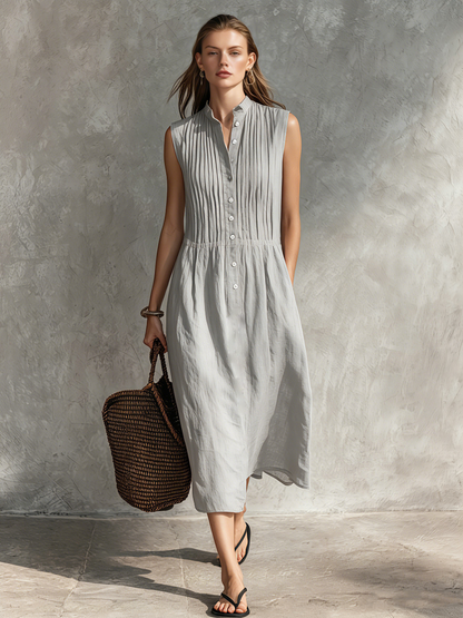 Women's Casual Grey Cotton-Linen Sleeveless Midi Dress With Round Neck MDZ2549D5LXY