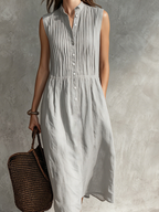 Women's Casual Grey Cotton-Linen Sleeveless Midi Dress With Round Neck MDZ2549D5LXY