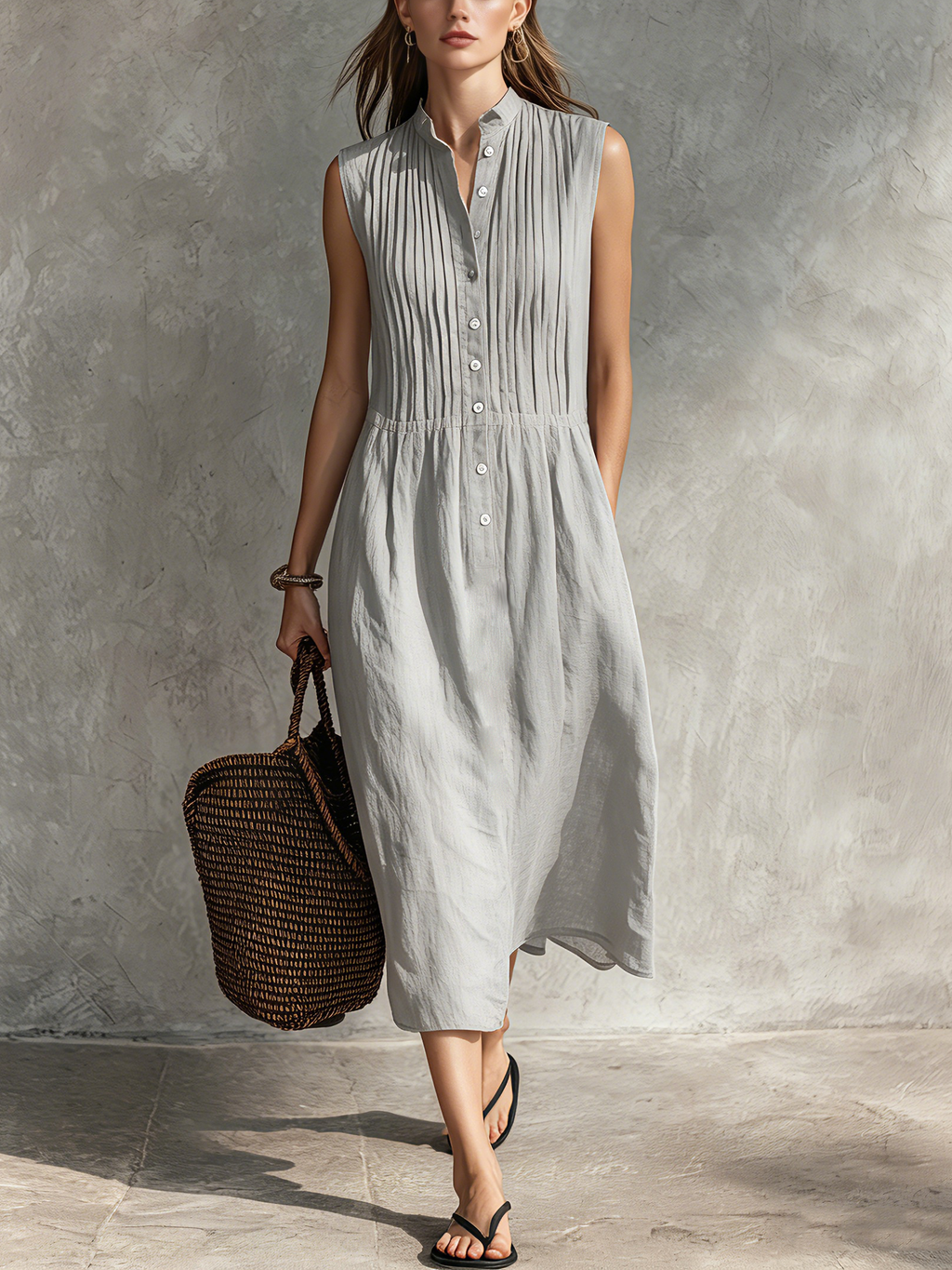 Women's Casual Grey Cotton-Linen Sleeveless Midi Dress With Round Neck MDZ2549D5LXY