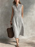 Women's Casual Grey Cotton-Linen Sleeveless Midi Dress With Round Neck MDZ2549D5LXY