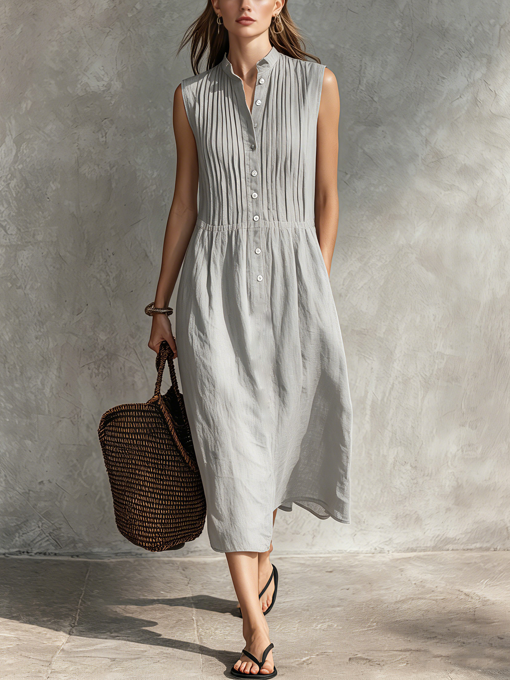 Women's Casual Grey Cotton-Linen Sleeveless Midi Dress With Round Neck MDZ2549D5LXY