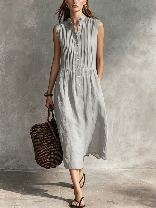 Women's Casual Grey Cotton-Linen Sleeveless Midi Dress With Round Neck MDZ2549D5LXY