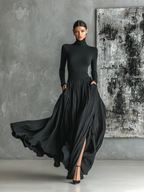 Women's Fashion All Black Skinny Turtleneck T-shirt Pleated Skirt Set MDA1366H1Y