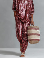 Women's Burgundy Glamorous Sequin Striped - Trimmed Oversized Loungewear Set MDA3059I3I