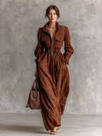 Women's Cotton And Linen Zipper Lapel Elastic Waist Maxi Dress MDA1964H8Y