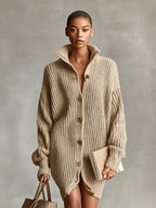 Women's Camel Elegant Button - Front Oversized Mini Cardigan Dress MDA1086J2I