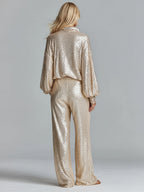 Women's Gold Glamorous Sequin Collared Half - Zip Wide - Leg Loungewear Party Set MDA2425I0I