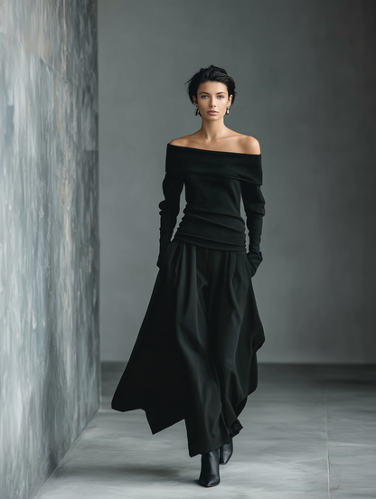 Women's Black Knit Off-Shoulder Fitted Top And Woven Fabric Skirt Set MDA1430K2T