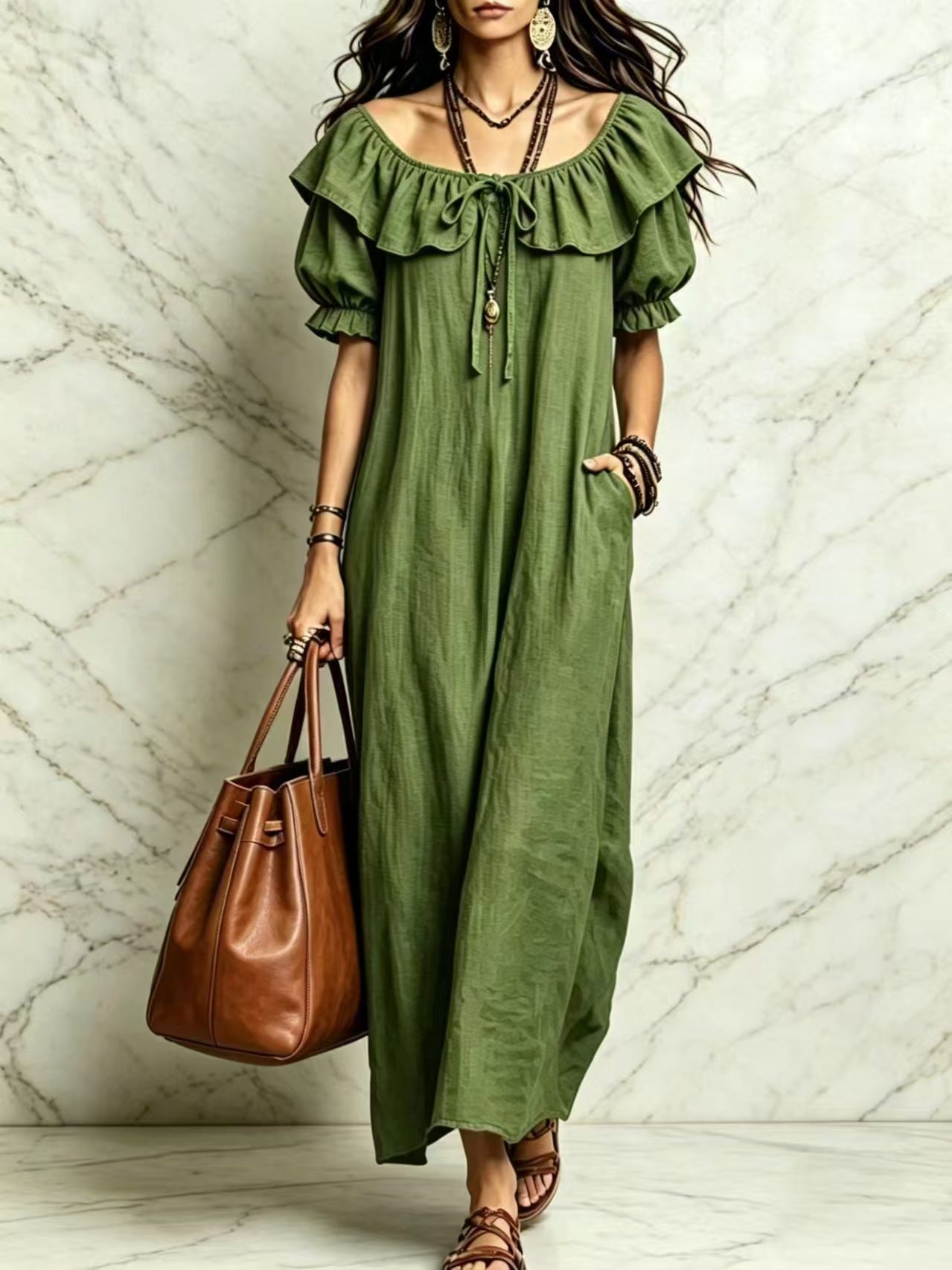 Women's Ruffle OFF Shoulder Loose Cotton-Linen Maxi Dress