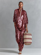 Women's Burgundy Glamorous Sequin Striped - Trimmed Oversized Loungewear Set MDA3059I3I